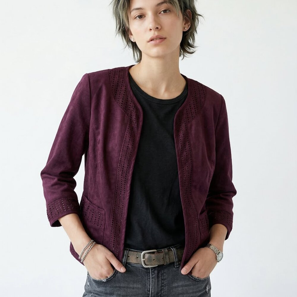 East 5th Jacket Purple Faux Suede Crochet Eyelet Trim Open Grunge Goth S